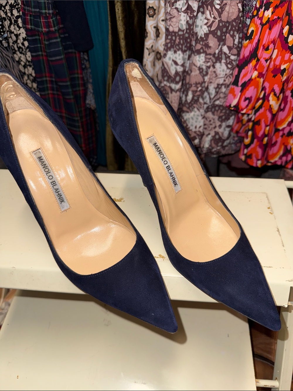 Manolo Blahnik Navy Suede Pointed-Toe Pumps